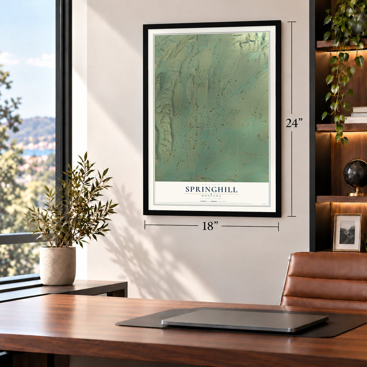 Springhill, Montana map, 18 x 24 inch print in a black frame in a home office