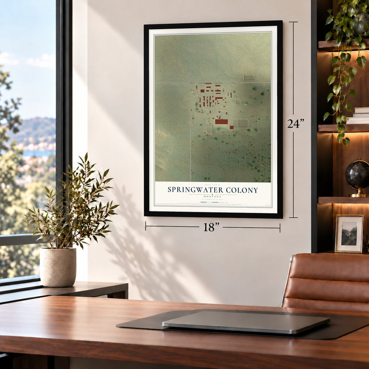 Springwater Colony, Montana map, 18 x 24 inch print in a black frame in a home office