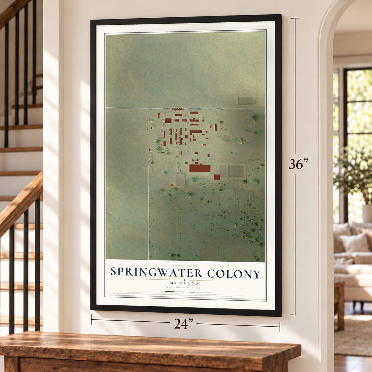 Springwater Colony, Montana map, 24 x 36 inch print in a black frame by a staircase