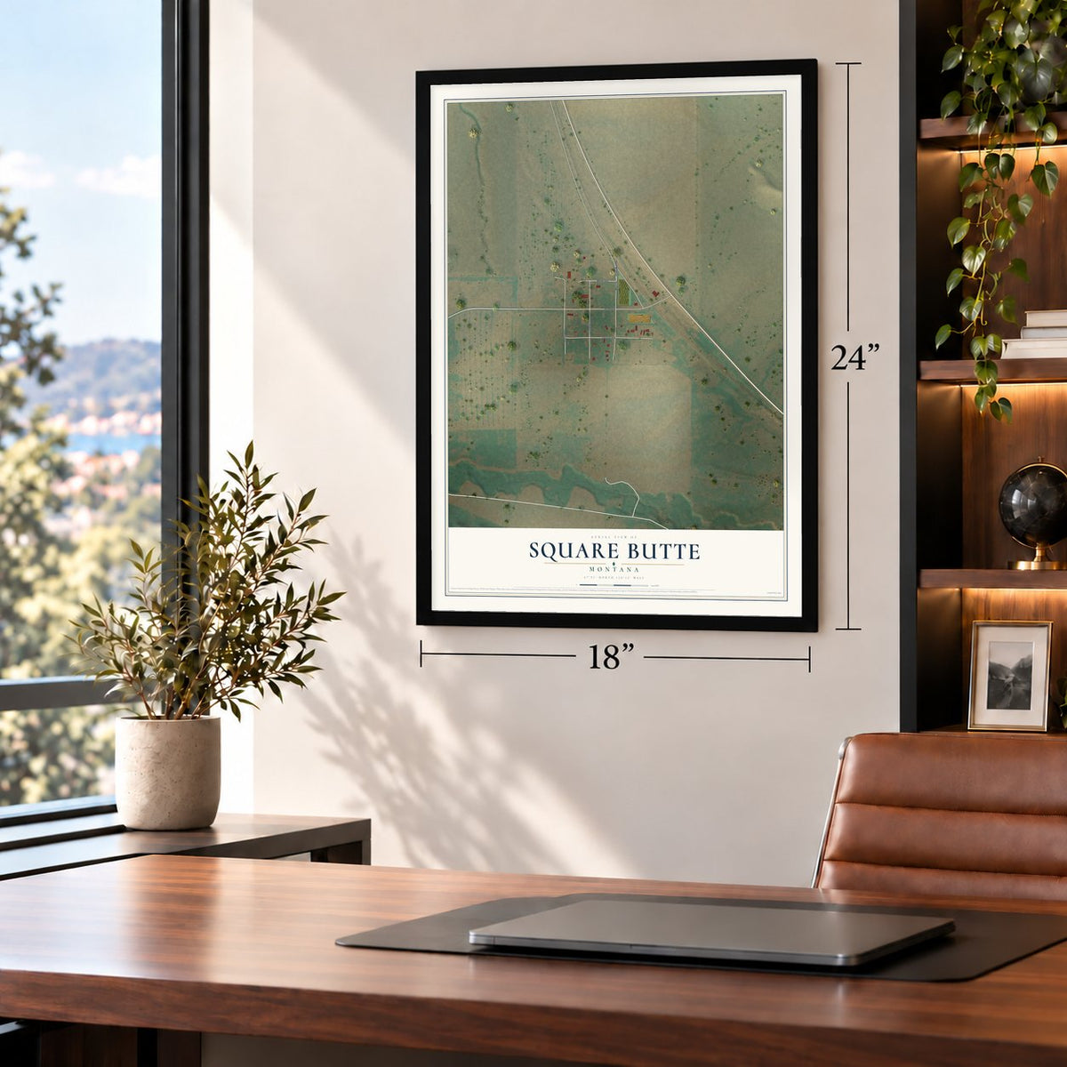 Square Butte, Montana map, 18 x 24 inch print in a black frame in a home office