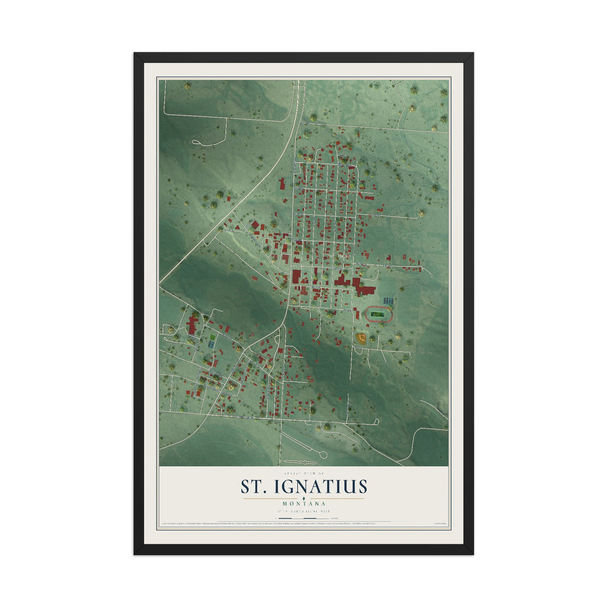 Map of St. Ignatius, Montana, 12 x 18 inch print in a black wood frame