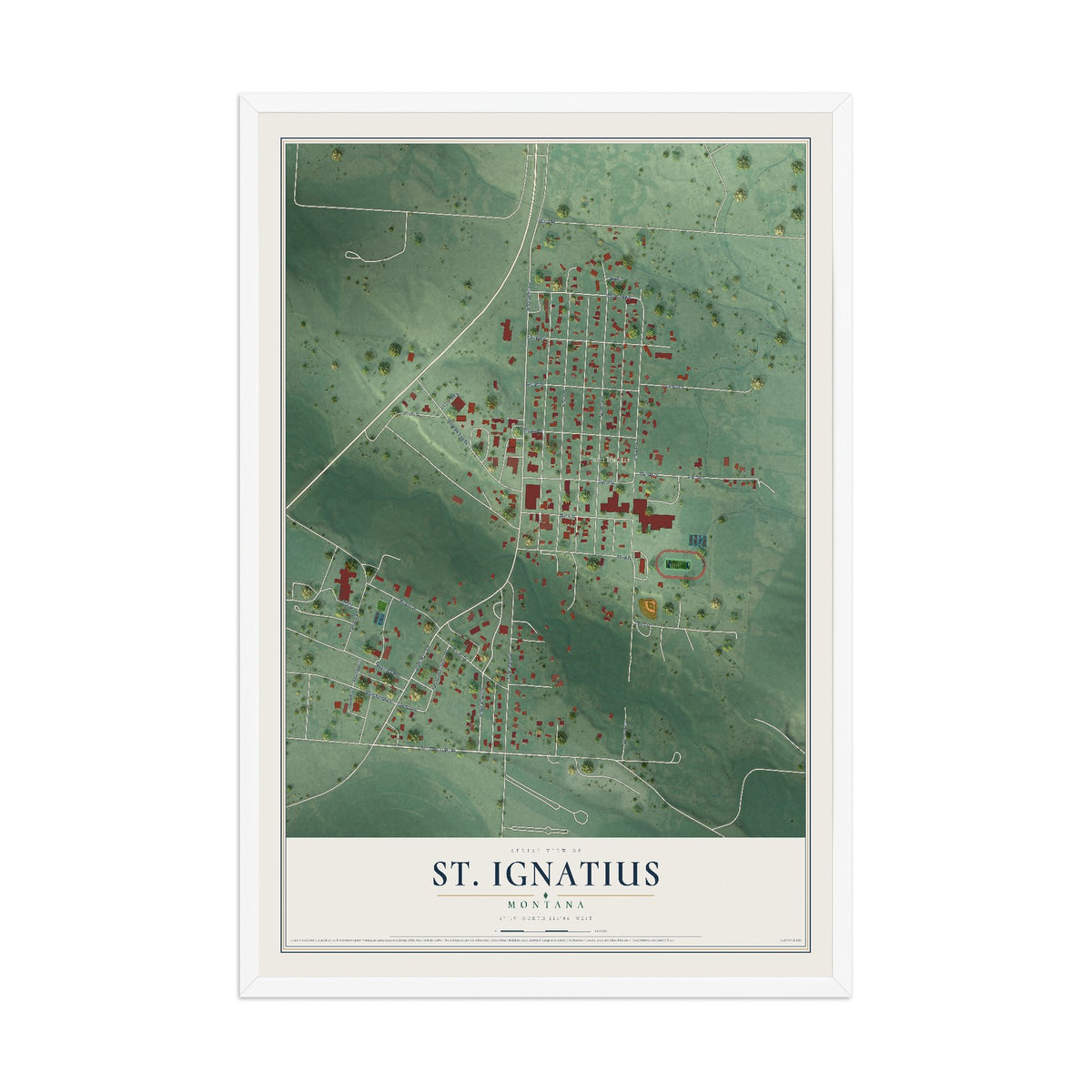 Map of St. Ignatius, Montana, 12 x 18 inch print in a white wood frame