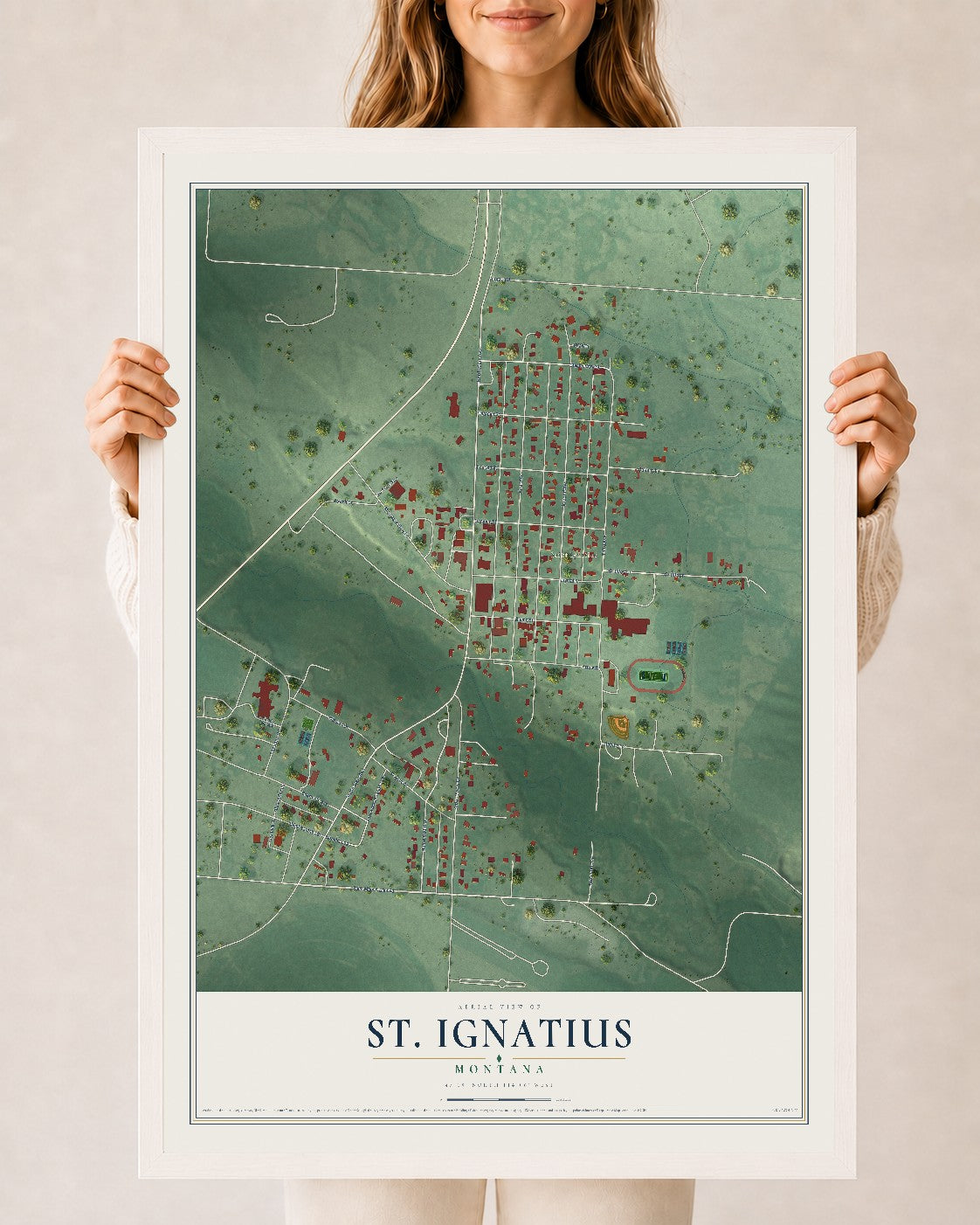 Map of St. Ignatius, Montana, 24 x 36 inch print in a white wood frame