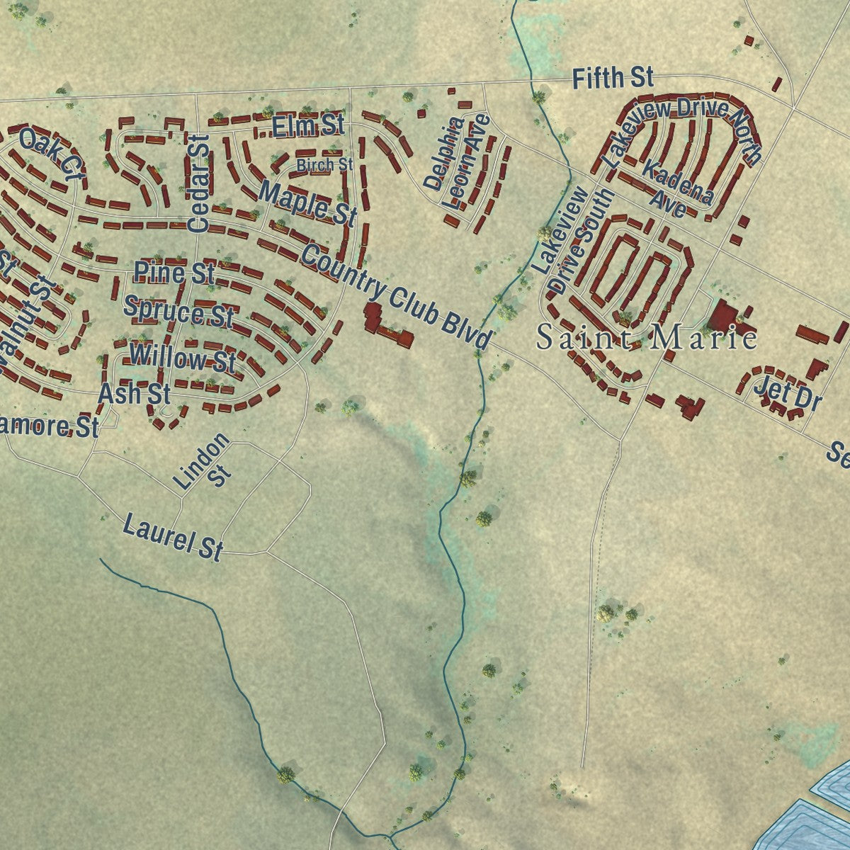 Close-up of the map of St. Marie, Montana print showing street and building detail