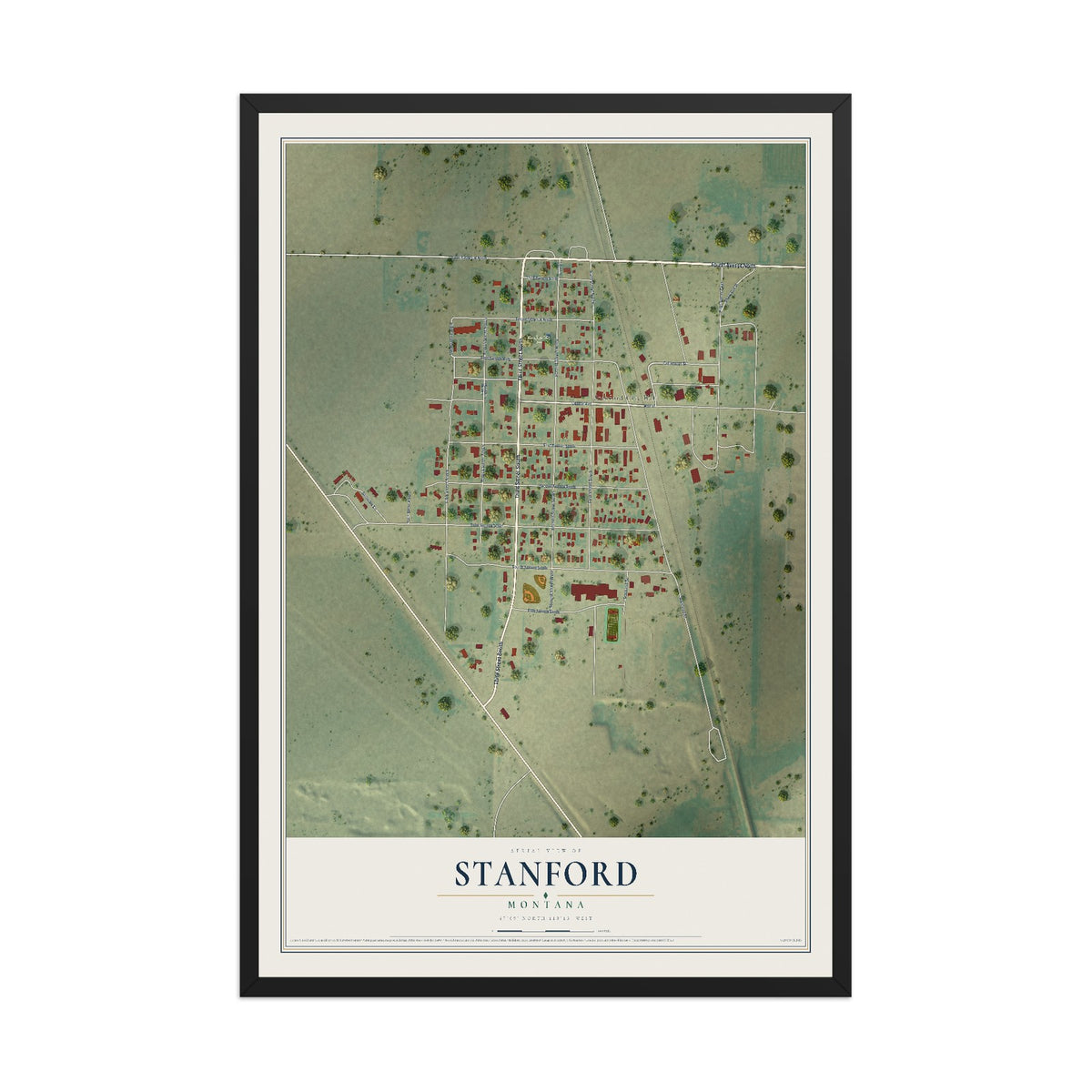 Map of Stanford, Montana, 12 x 18 inch print in a black wood frame