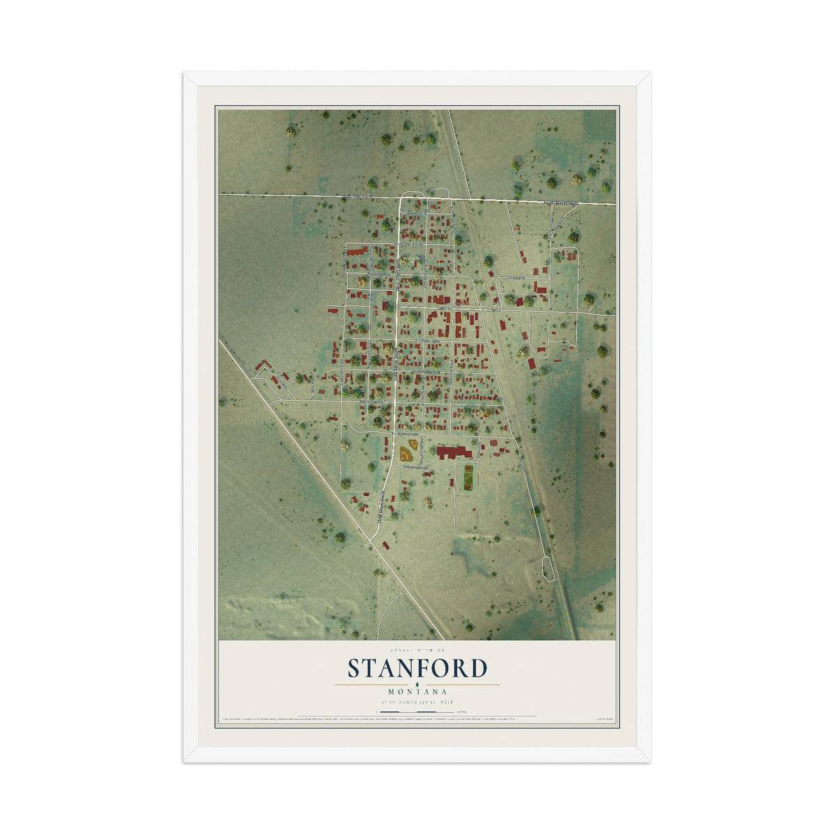 Map of Stanford, Montana, 12 x 18 inch print in a white wood frame