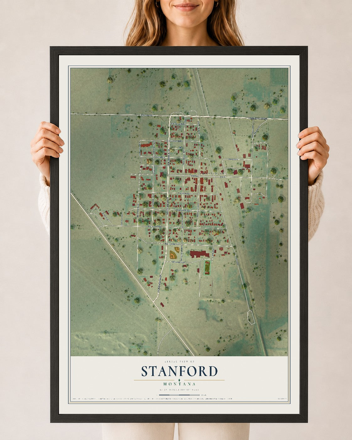 Map of Stanford, Montana, 24 x 36 inch print in a black wood frame