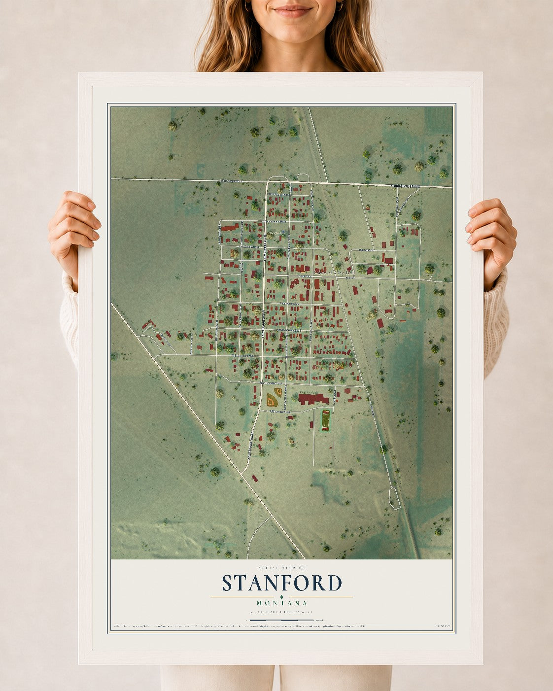 Map of Stanford, Montana, 24 x 36 inch print in a white wood frame