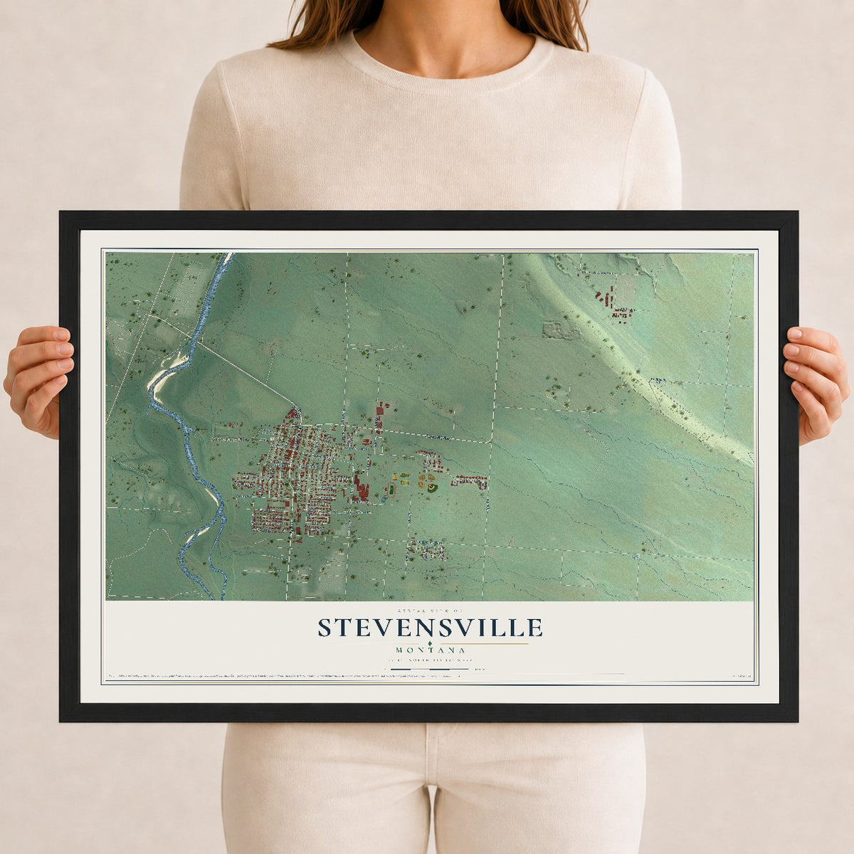 Map of Stevensville, Montana, 12 x 18 inch print in a black wood frame