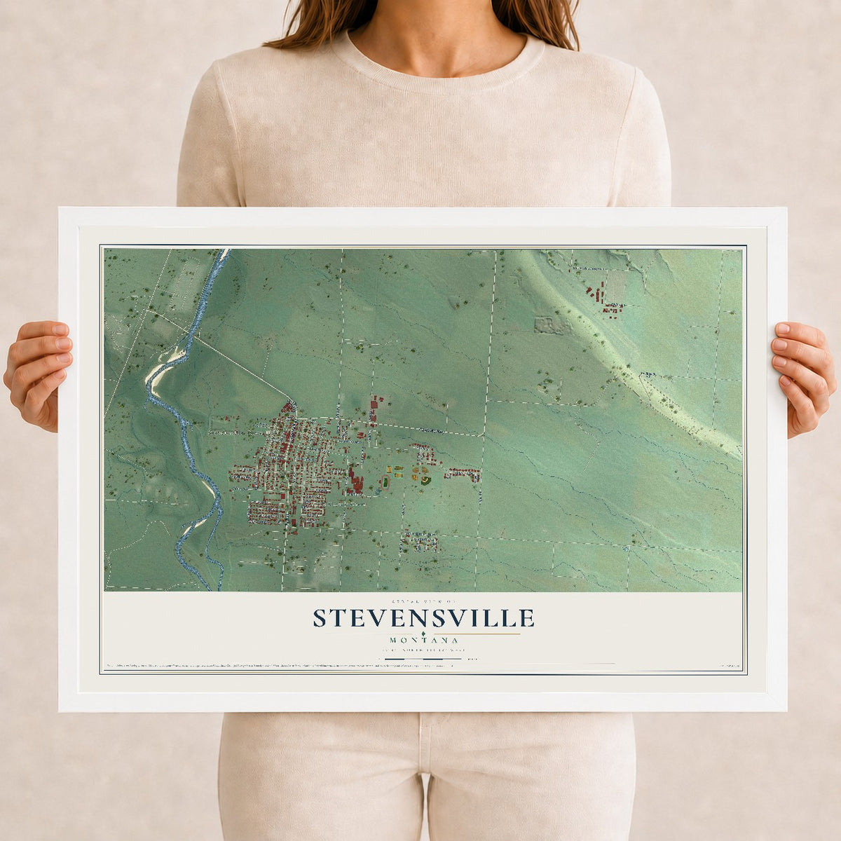Map of Stevensville, Montana, 12 x 18 inch print in a white wood frame