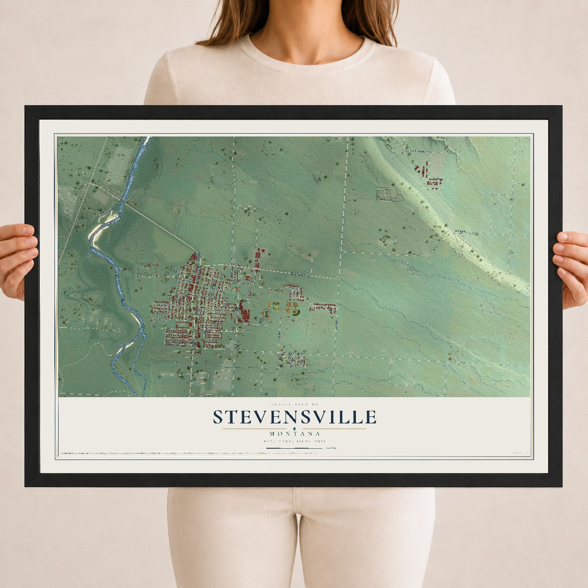 Map of Stevensville, Montana, 18 x 24 inch print in a black wood frame