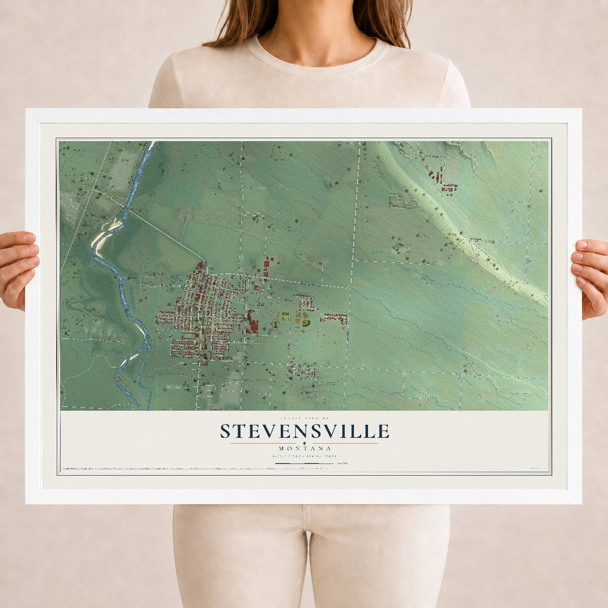Map of Stevensville, Montana, 18 x 24 inch print in a white wood frame