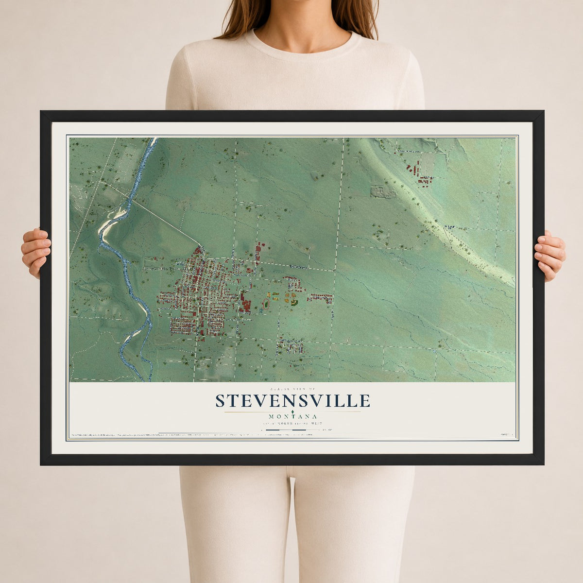 Map of Stevensville, Montana, 24 x 36 inch print in a black wood frame