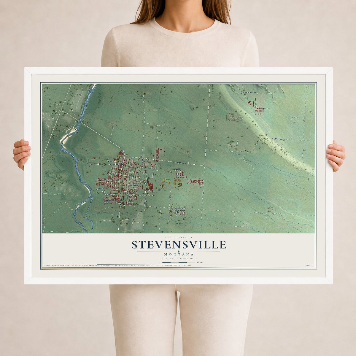 Map of Stevensville, Montana, 24 x 36 inch print in a white wood frame