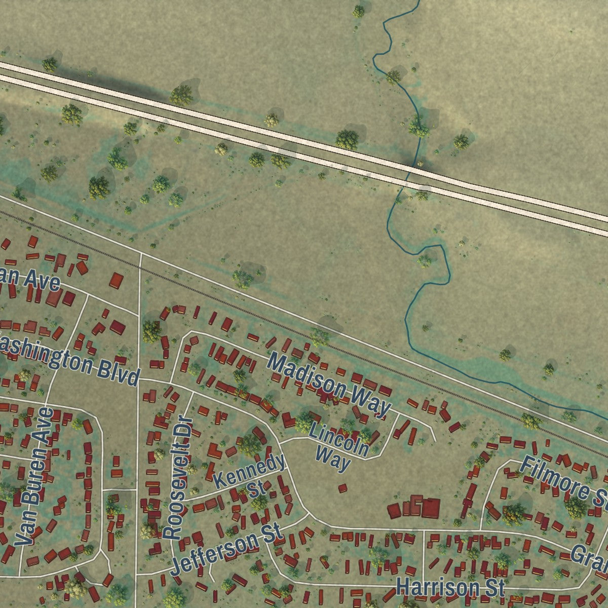 Close-up of the map of Sun Prairie, Montana print showing street and building detail