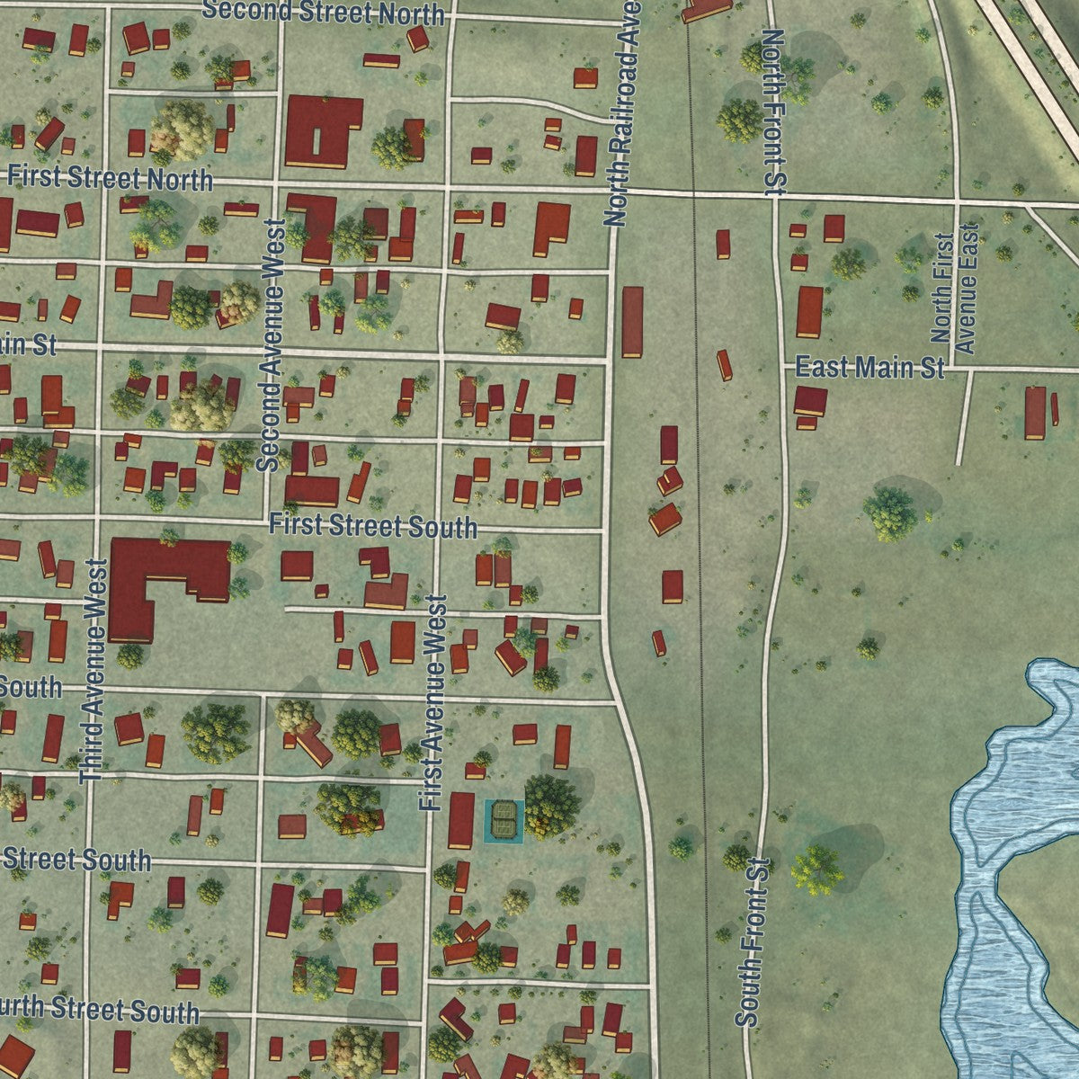 Close-up of the map of Sunburst, Montana print showing street and building detail