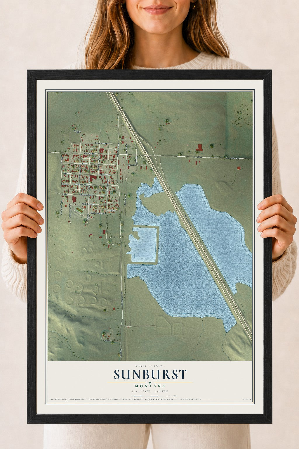 Map of Sunburst, Montana, 18 x 24 inch print in a black wood frame