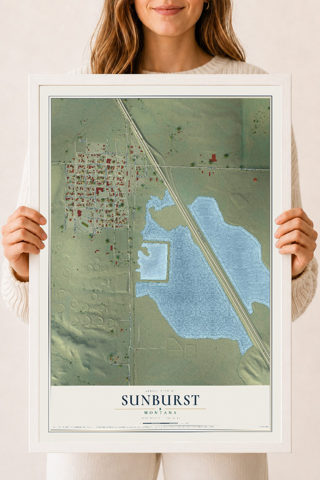 Map of Sunburst, Montana, 18 x 24 inch print in a white wood frame