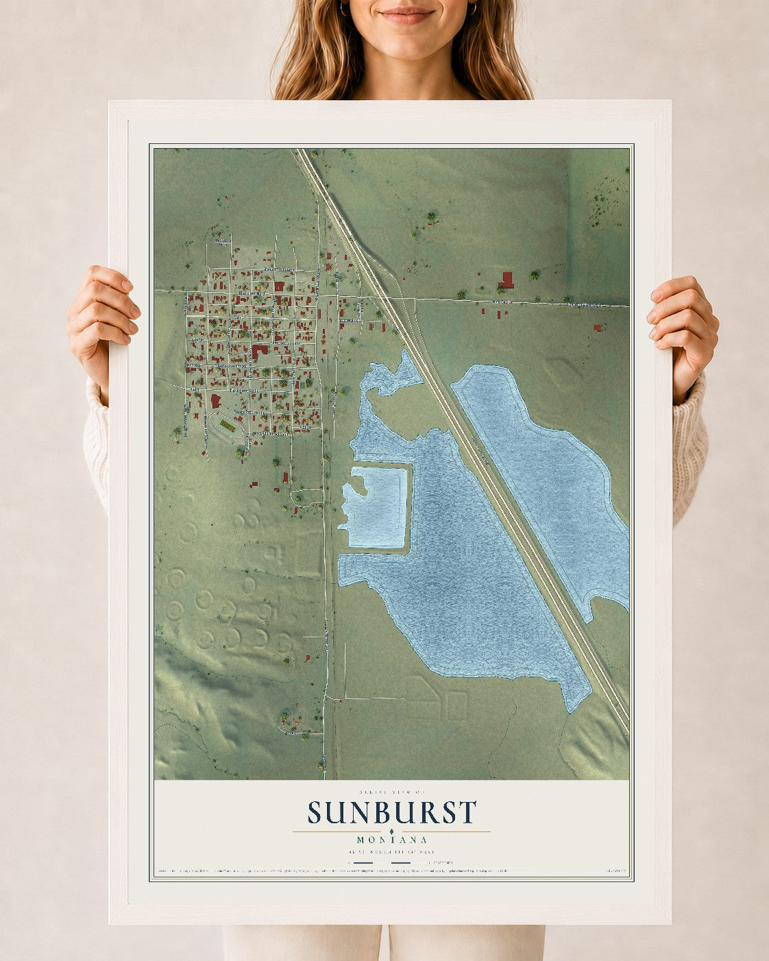 Map of Sunburst, Montana, 24 x 36 inch print in a white wood frame