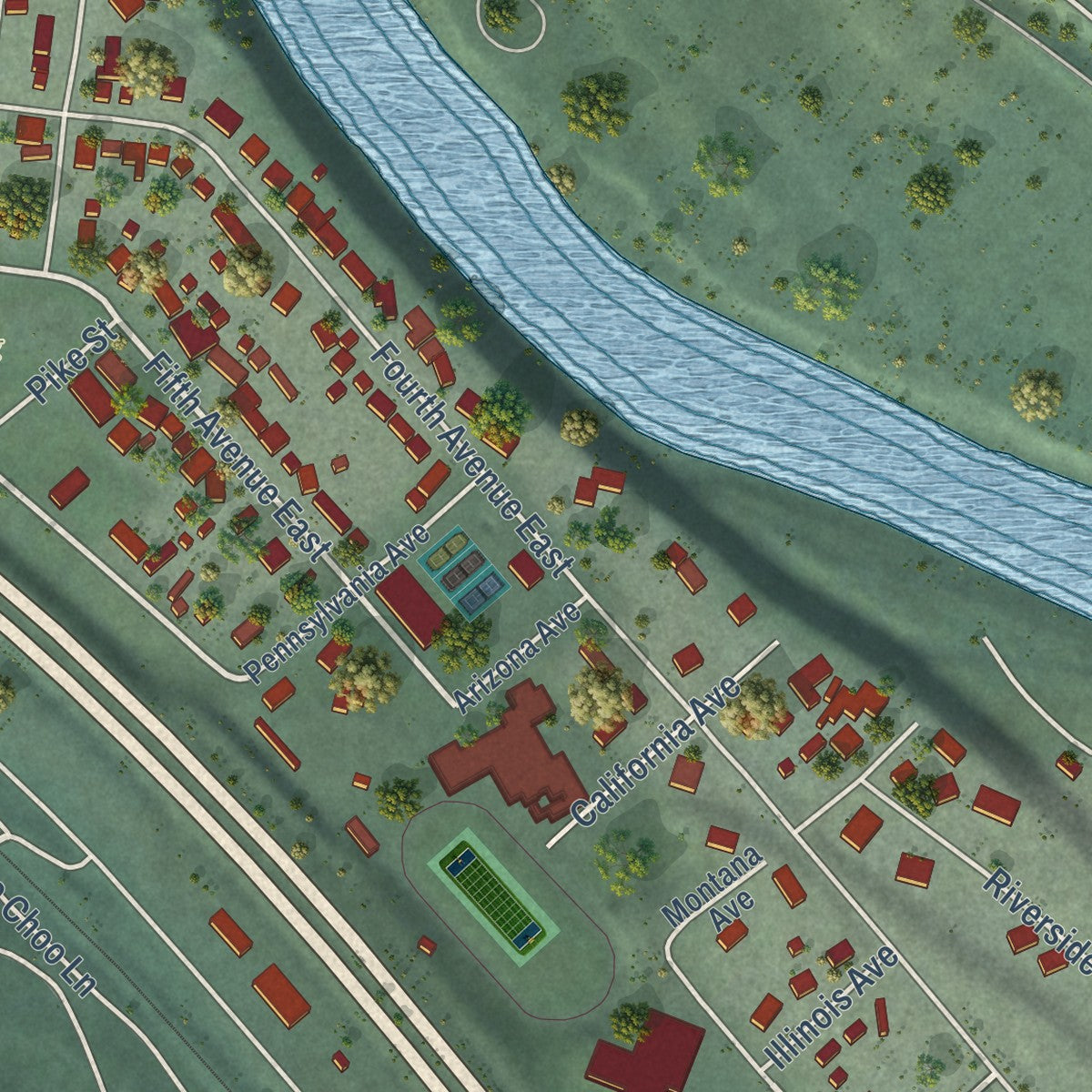Second close-up of the map of Superior, Montana print showing more streets and buildings