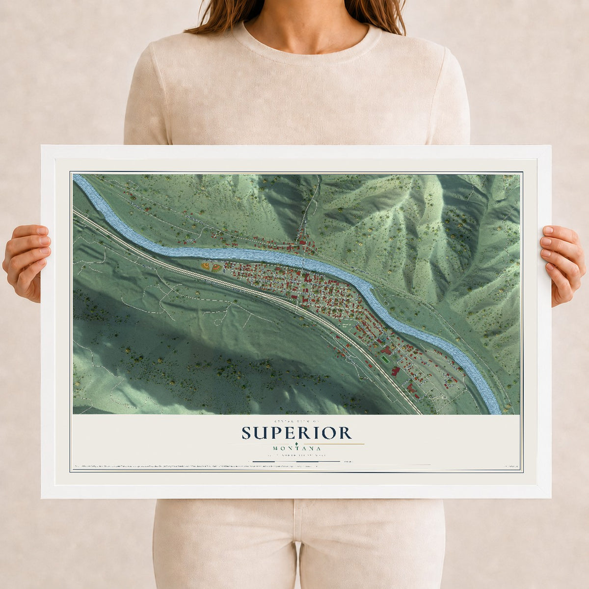 Map of Superior, Montana, 12 x 18 inch print in a white wood frame
