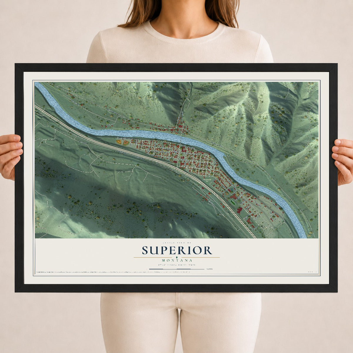 Map of Superior, Montana, 18 x 24 inch print in a black wood frame