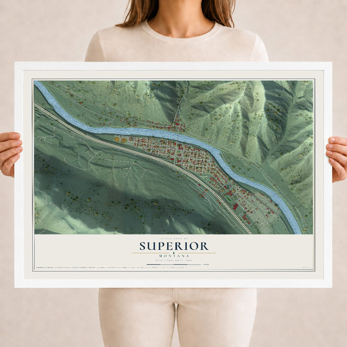 Map of Superior, Montana, 18 x 24 inch print in a white wood frame