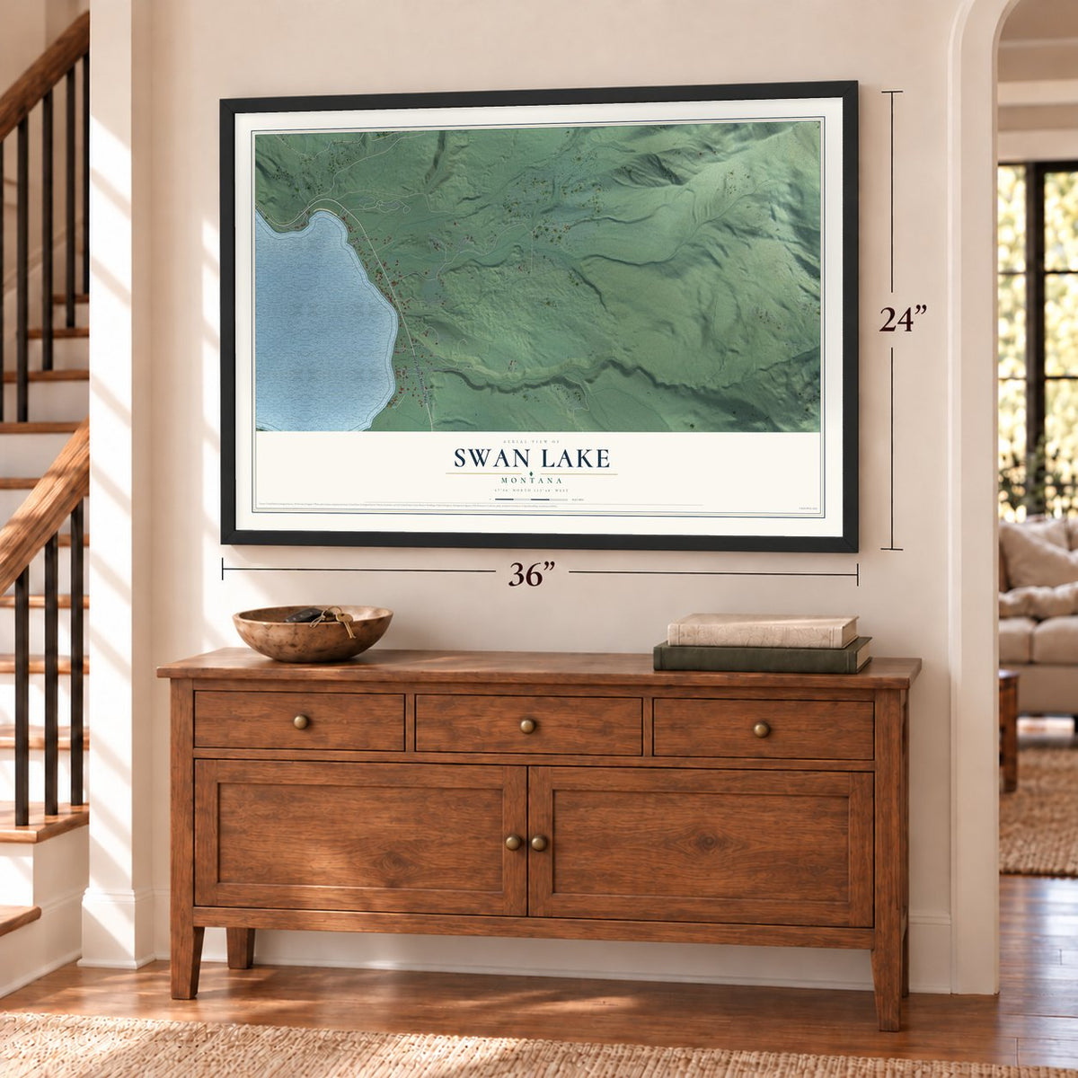 Swan Lake, Montana map, 24 x 36 inch print in a black frame above a dresser by a staircase