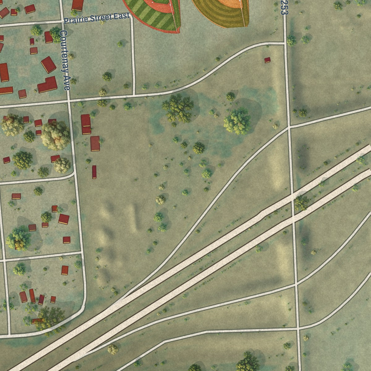 Second close-up of the map of Terry, Montana print showing more streets and buildings