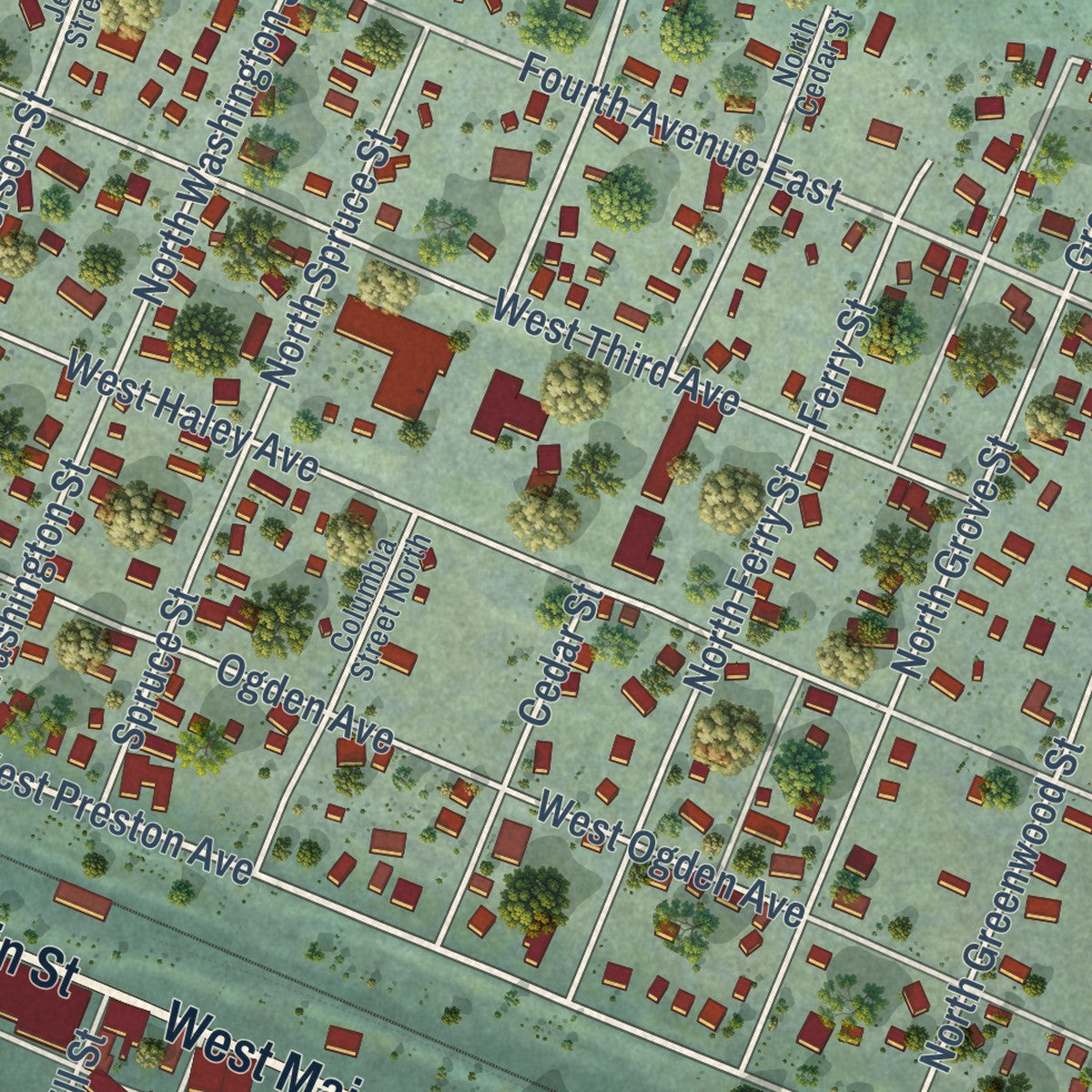 Close-up of the map of Thompson Falls, Montana print showing street and building detail