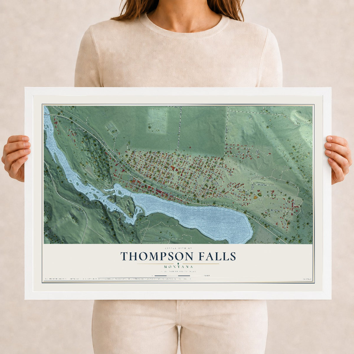 Map of Thompson Falls, Montana, 12 x 18 inch print in a white wood frame