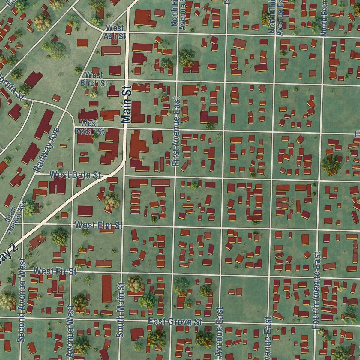 Close-up of the map of Three Forks, Montana print showing street and building detail