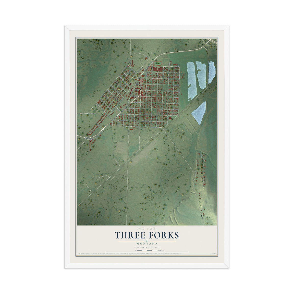 Map of Three Forks, Montana, 12 x 18 inch print in a white wood frame