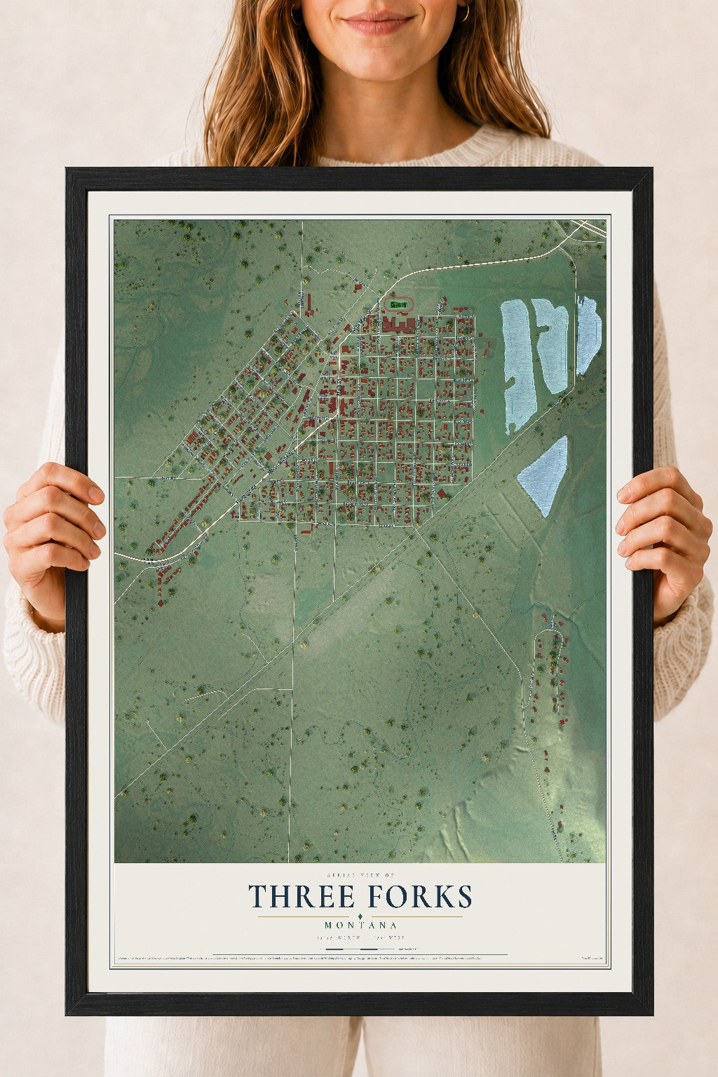 Map of Three Forks, Montana, 18 x 24 inch print in a black wood frame