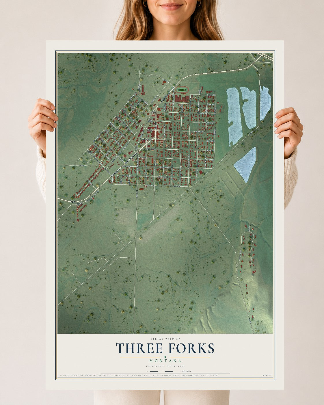 Map of Three Forks, Montana, 24 x 36 inch unframed archival matte print