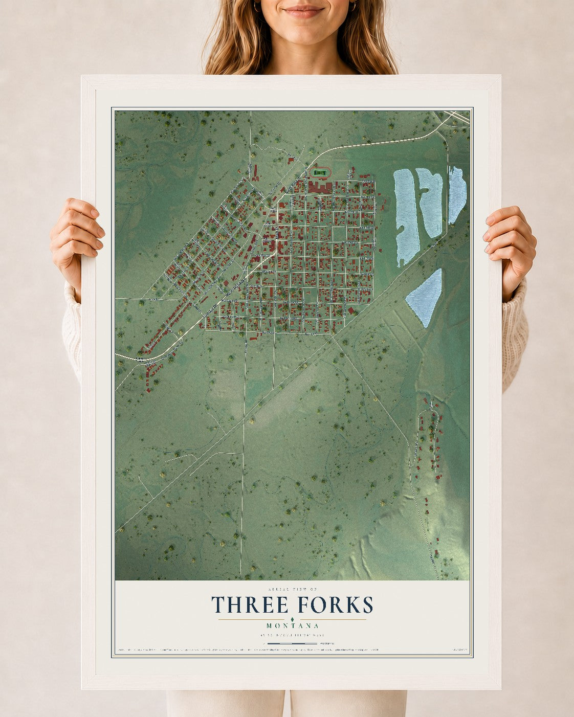 Map of Three Forks, Montana, 24 x 36 inch print in a white wood frame