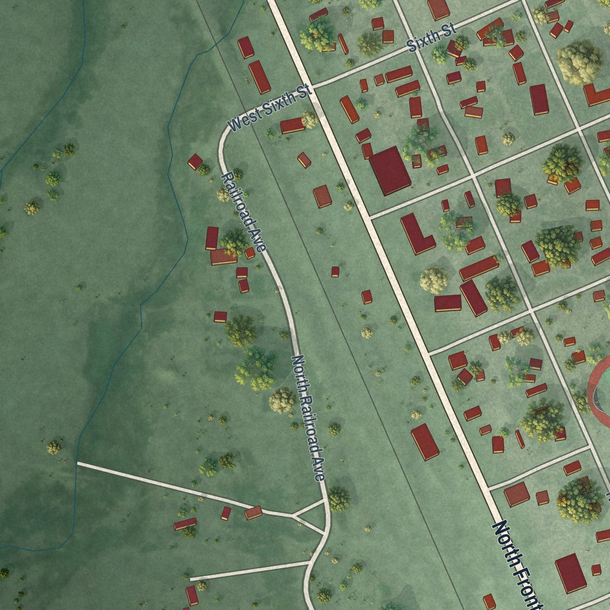 Second close-up of the map of Townsend, Montana print showing more streets and buildings