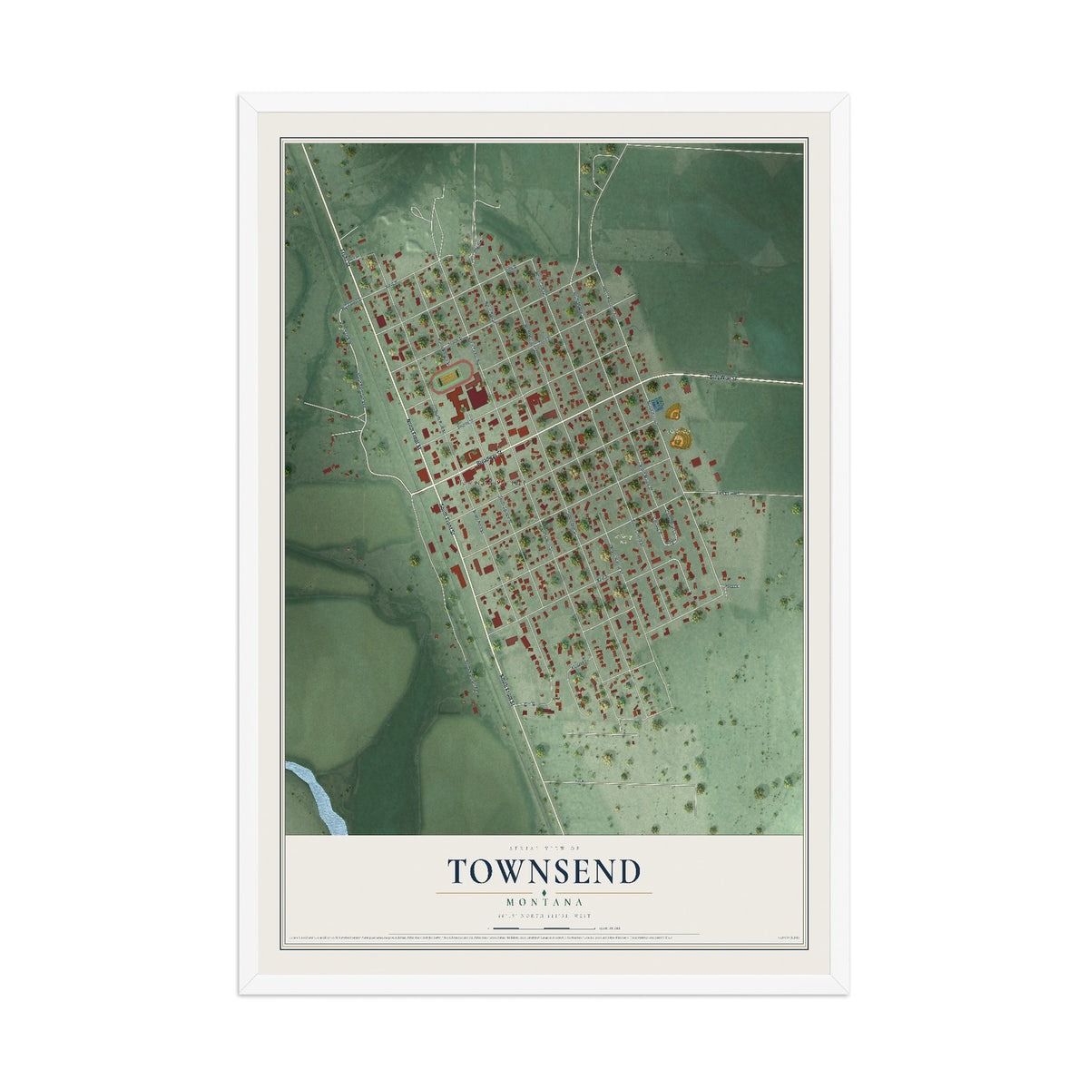 Map of Townsend, Montana, 12 x 18 inch print in a white wood frame