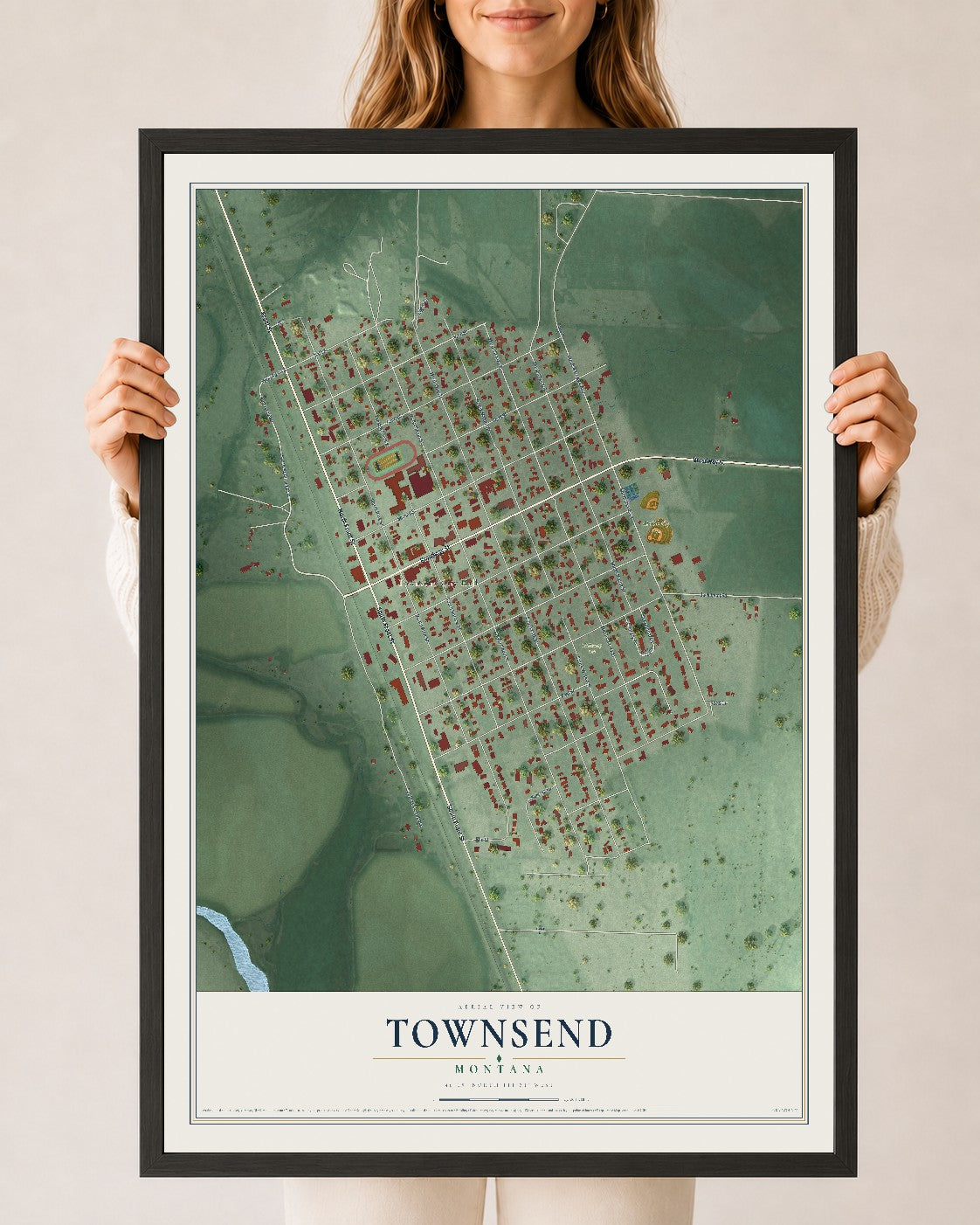 Map of Townsend, Montana, 24 x 36 inch print in a black wood frame