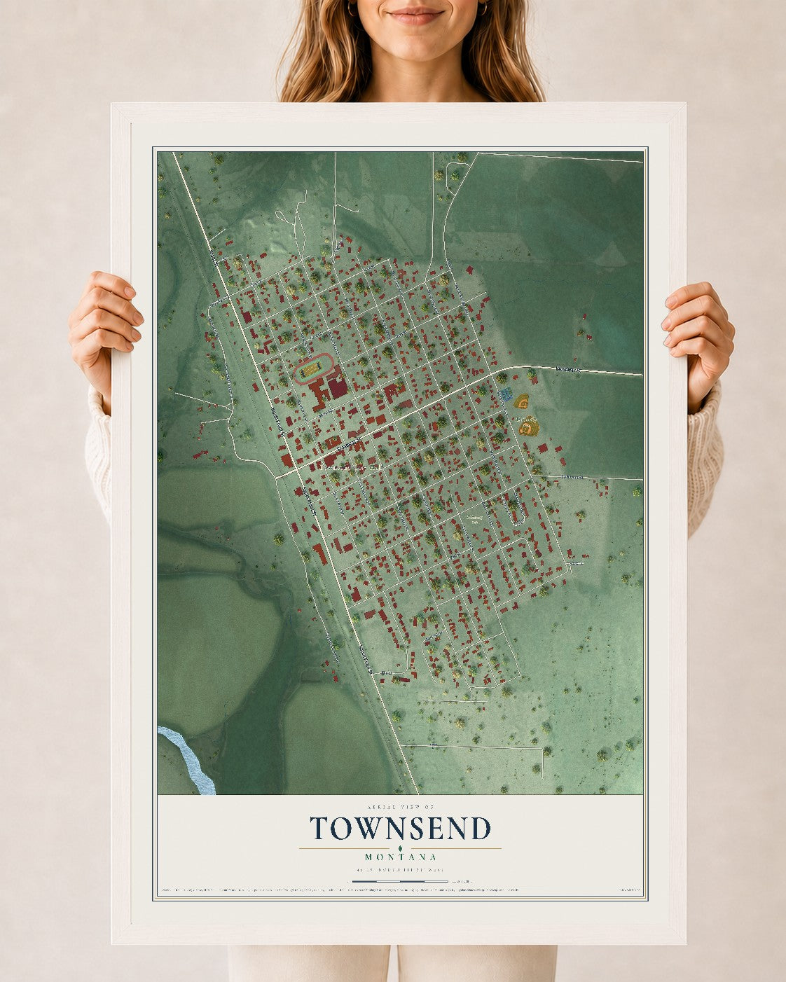 Map of Townsend, Montana, 24 x 36 inch print in a white wood frame
