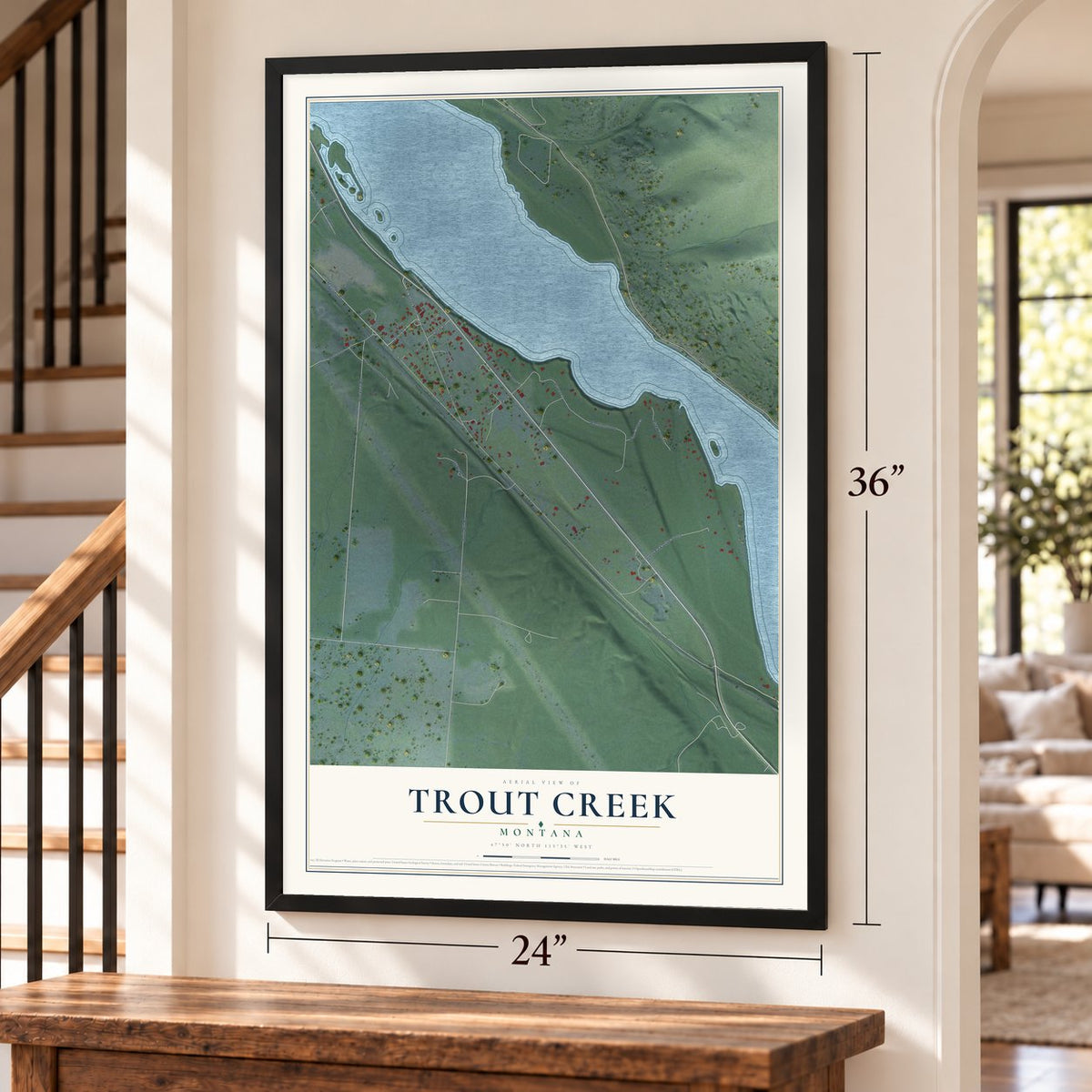 Trout Creek, Montana map, 24 x 36 inch print in a black frame by a staircase