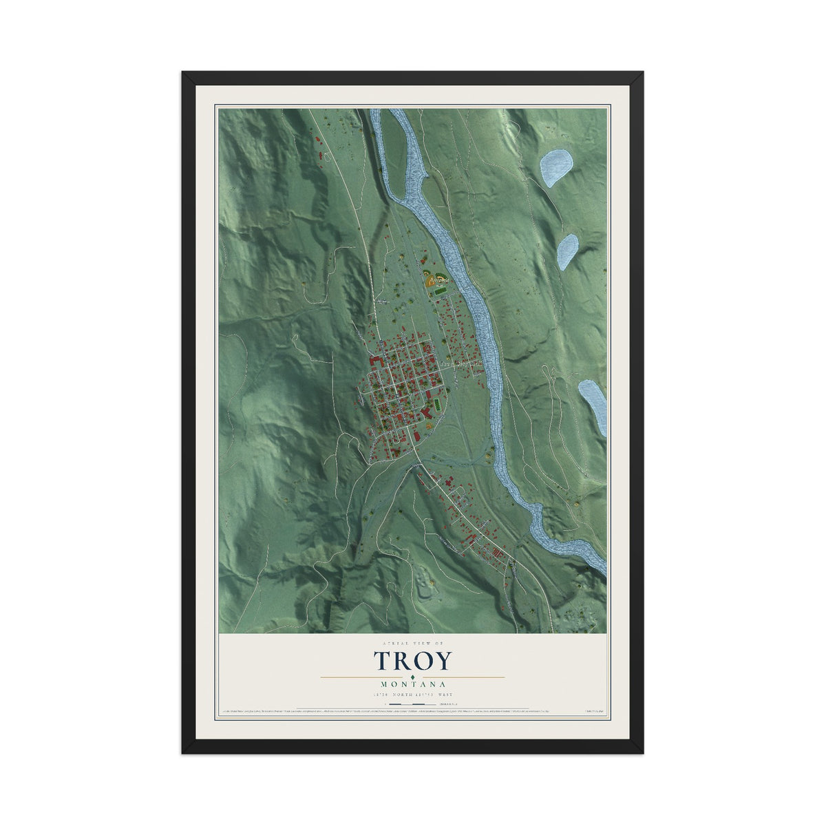 Map of Troy, Montana, 12 x 18 inch print in a black wood frame