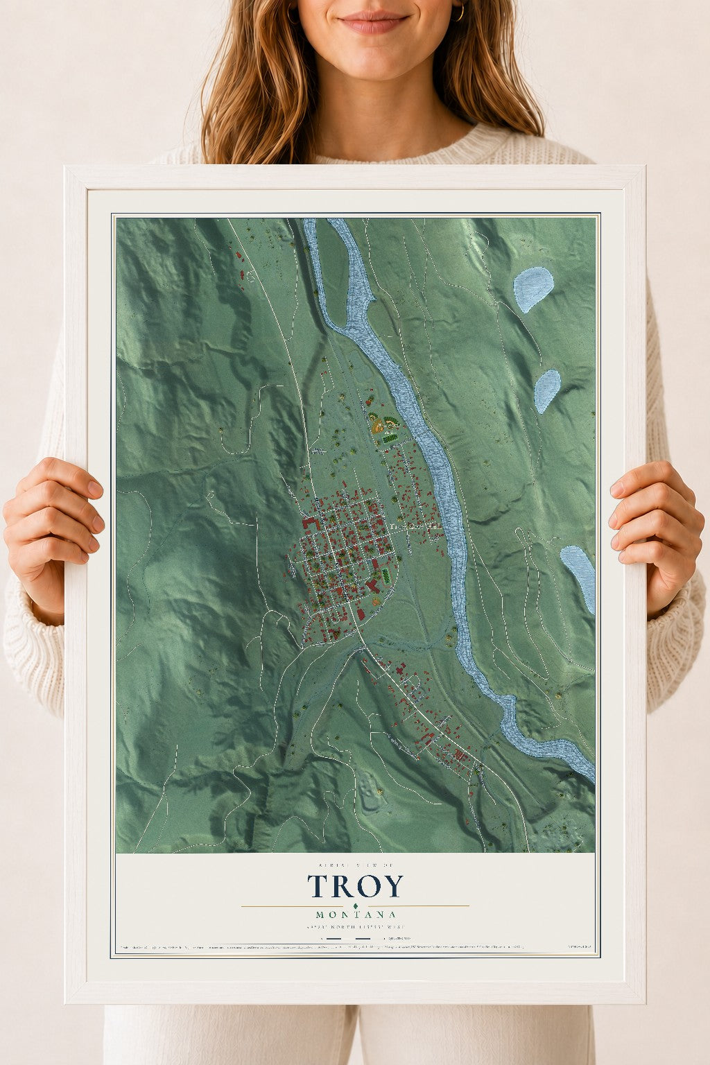 Map of Troy, Montana, 18 x 24 inch print in a white wood frame