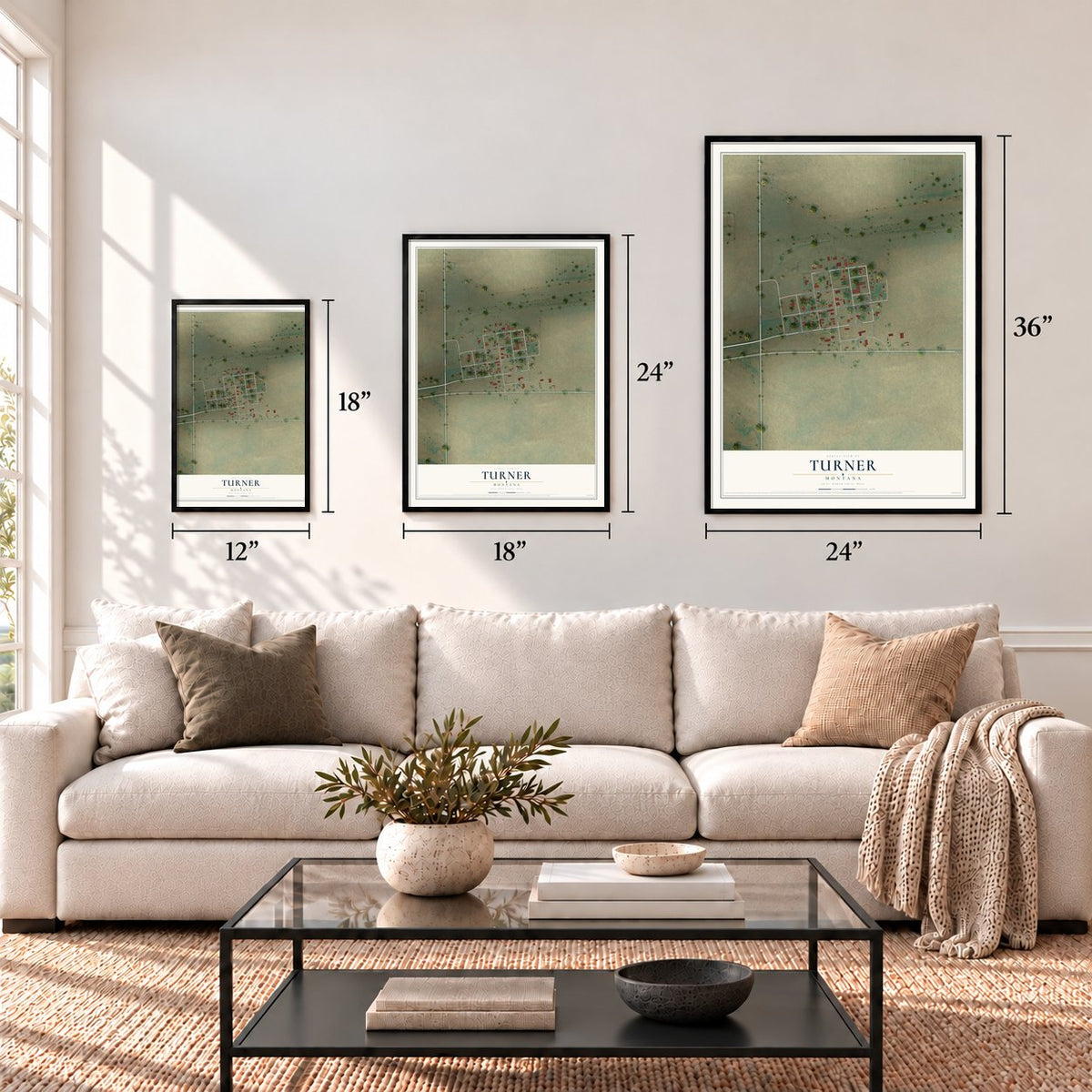 Turner, Montana map in 12 x 18, 18 x 24 and 24 x 36 inch sizes above a sofa