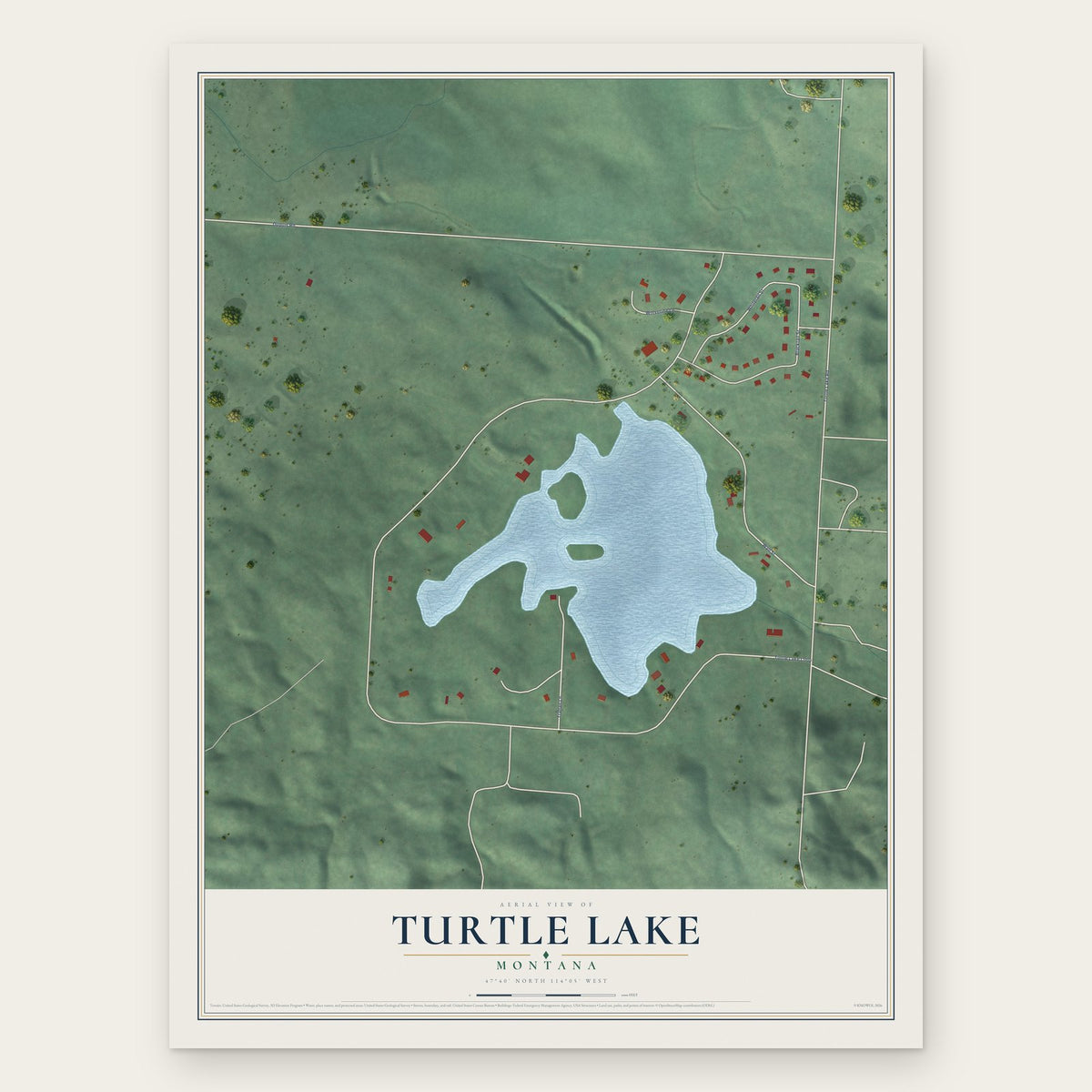 Turtle Lake, Montana map print, the full design