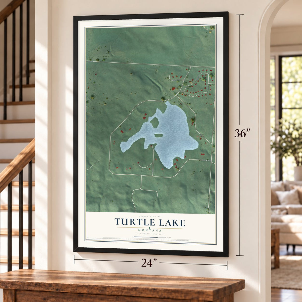 Turtle Lake, Montana map, 24 x 36 inch print in a black frame by a staircase