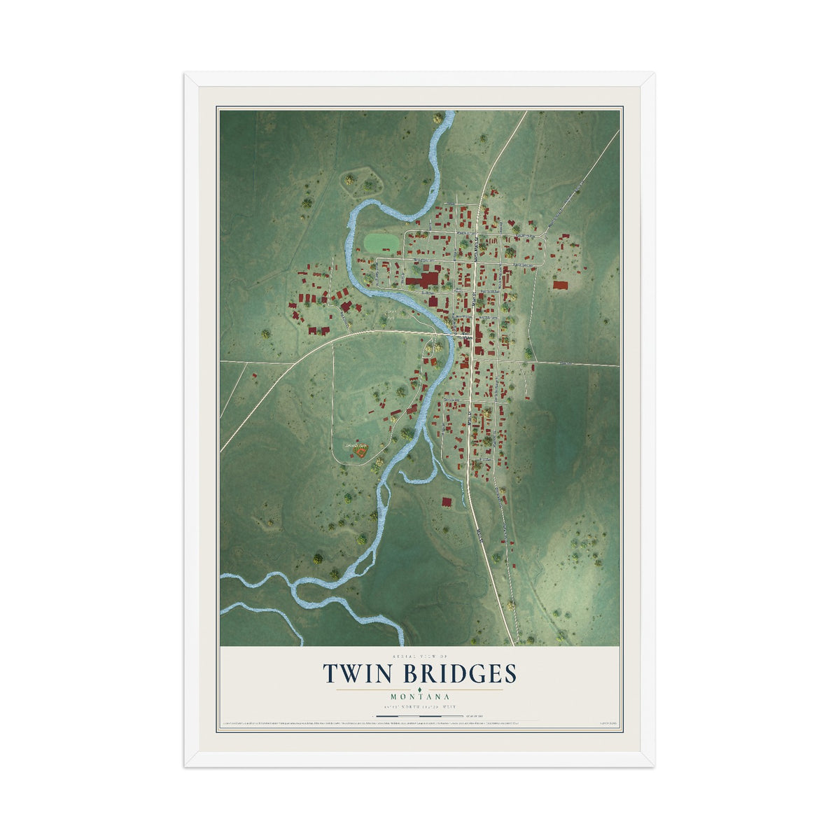 Map of Twin Bridges, Montana, 12 x 18 inch print in a white wood frame