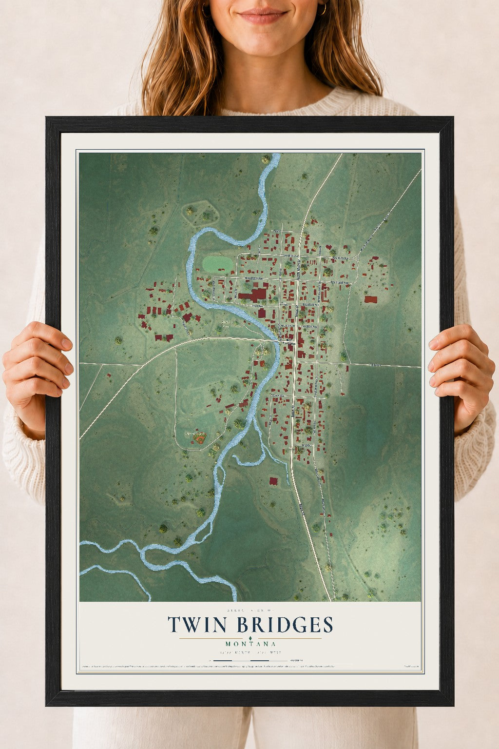 Map of Twin Bridges, Montana, 18 x 24 inch print in a black wood frame