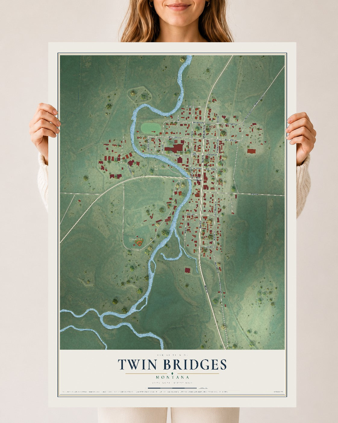 Map of Twin Bridges, Montana, 24 x 36 inch unframed archival matte print
