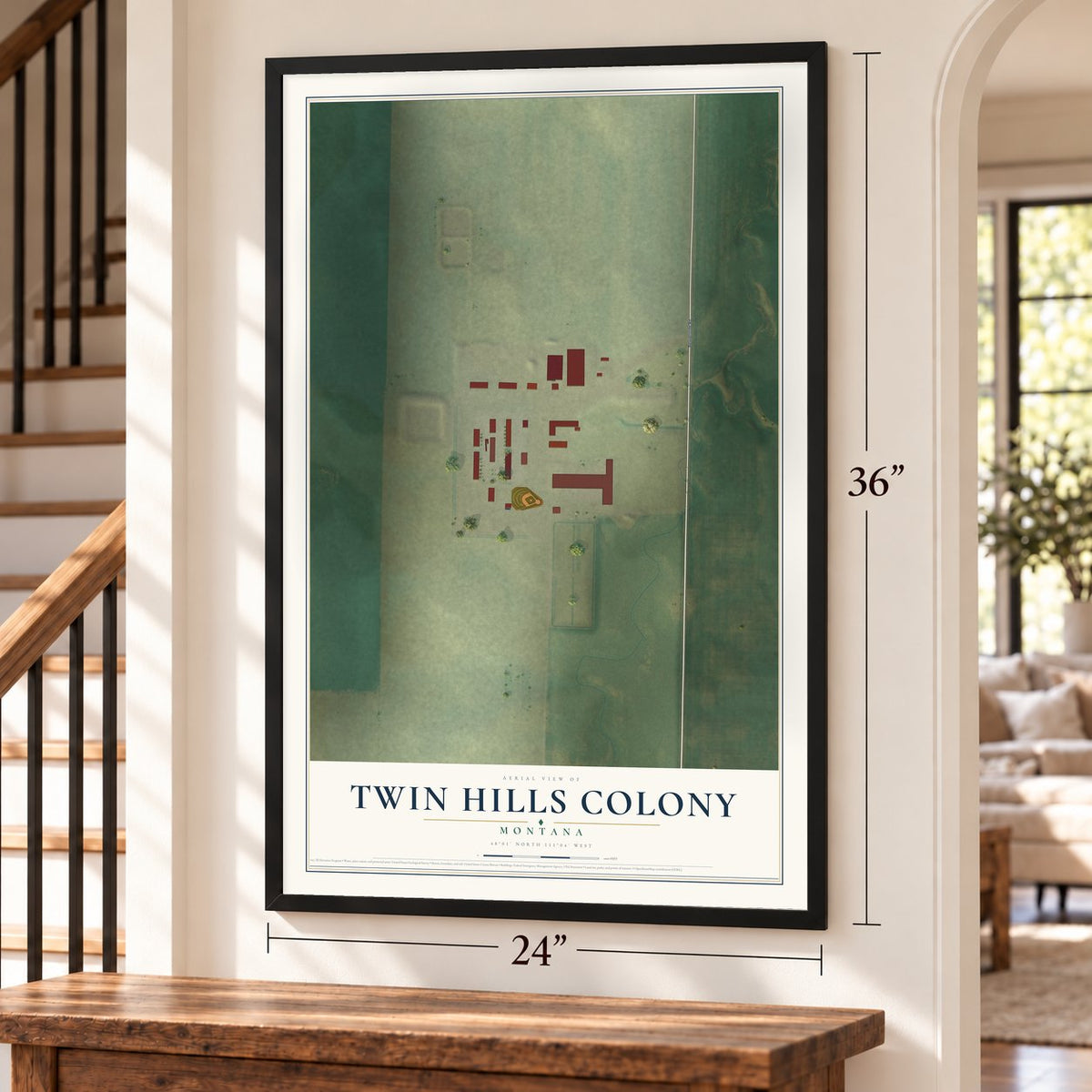 Twin Hills Colony, Montana map, 24 x 36 inch print in a black frame by a staircase